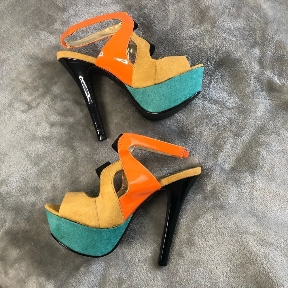 Paprika color block ankle sling back heel ankle heels orange tan+ mint green 5.5